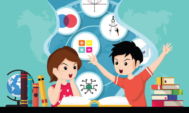 ilustrações de stock, clip art, desenhos animados e ícones de schoolkids openning book. concept of back to school, education, imagination. student boy and girl reading about mathematic, supplies and learning. horizontal web banner template. vector illustration - education childhood school drawing compass