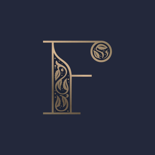 Vintage F letter logo with premium decoration. Classic line serif font. Vector icon perfect to use in any alcohol labels, glamour posters, luxury identity, etc. antique illustration of ornate letter f stock illustrations