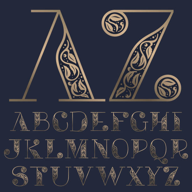 Vintage alphabet with premium decoration. Classic line serif font. Vector icon perfect to use in any alcohol labels, glamour posters, luxury identity, etc. vintage gold jewelry stock illustrations
