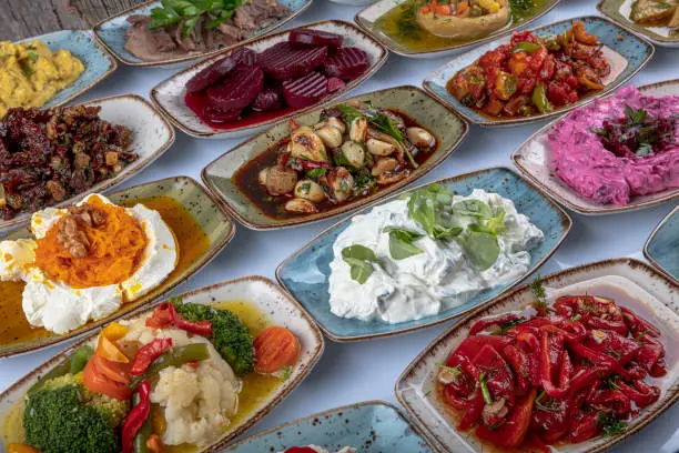Traditional Turkish and Greek dinner meze table. Turkish Cuisine Cold Appetizers (appetizers with olive oil). Turkish appetizers in colorful plates. yogurt and various boiled herbs