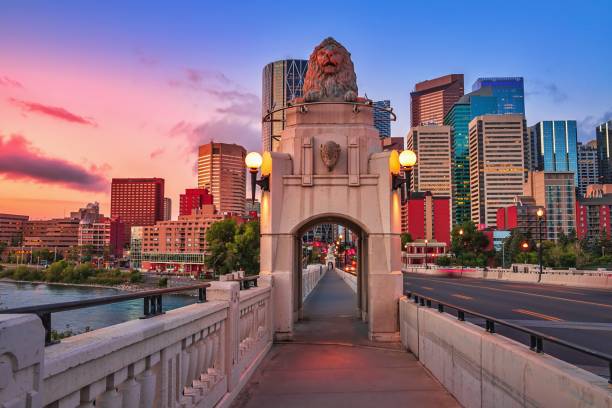 pasarela que conduce al centro de calgary al amanecer - alberta fotografías e imágenes de stock