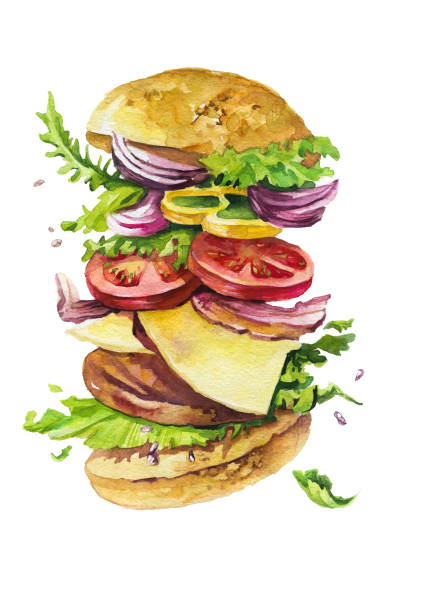 ilustracja burgera z latającymi składnikami wyizolowanymi na białym tle. rysunek akwarela pływającego burgera - skoczcie cebula stock illustrations