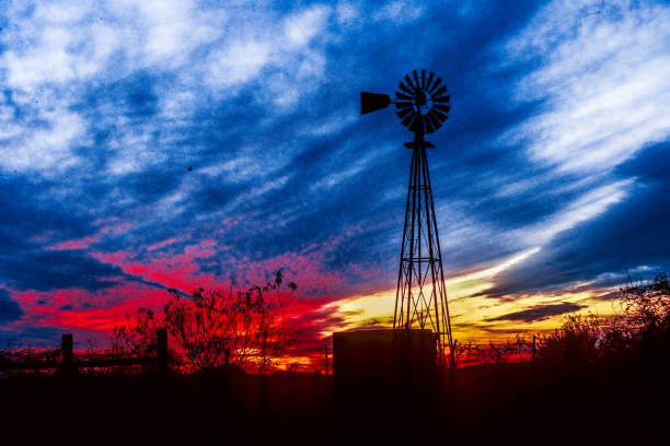 istock Old metal Texas windmill with blue silhouette sunset landscape 1269567860
