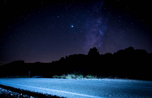 istock Milky way, night stars, road 1269568110