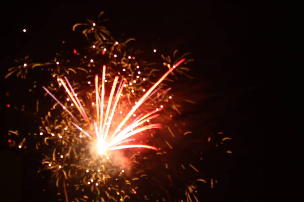 istock flashes of fireworks, pyrotechnics, pyrotechnic reactions by non-explosive combustion of materials, flames, sparks of different colors and fumes, in the dark night sky, black sky, in New Year's Eve and Christmas celebrations 1269572170