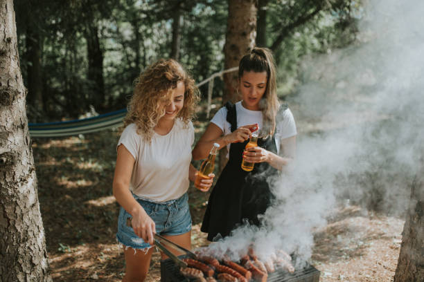 mädchen auf picknick - barbecue chicken stock-fotos und bilder