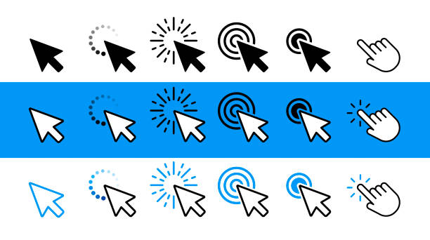 ilustraciones, imágenes clip art, dibujos animados e iconos de stock de el ratón del ordenador hace clic en el cursor de los iconos de flecha negra, blanca y azul establecidos. vector - cursor