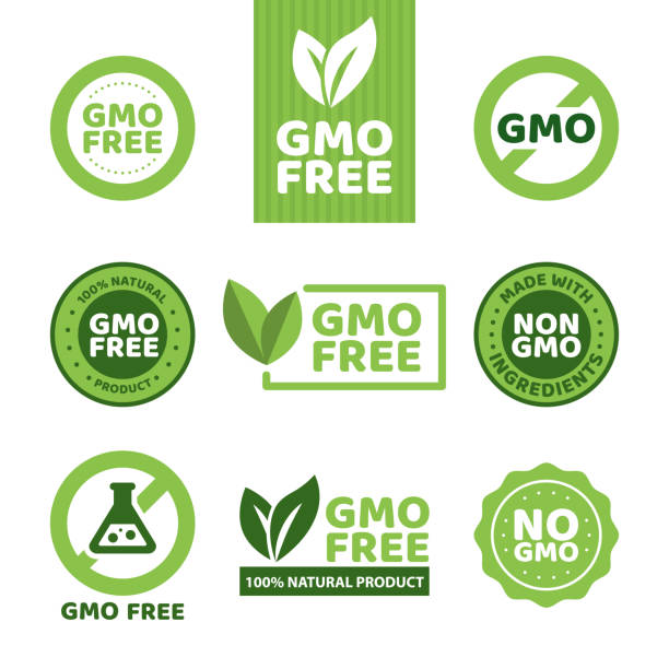 GMO free emblems Vector illustration of different green colored GMO free emblems. genetic modification stock illustrations