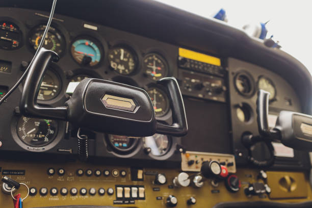 Cockpit helicopter - Instruments panel. Interior of helicopter control dashboard, Heli on the ground. Blue colored