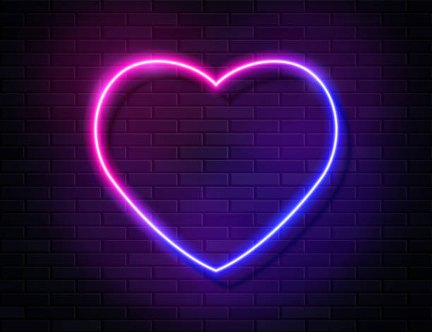 istock Neon Iridescent Glowing Heart Banner on Dark Empty Grunge Brick Background. 1269581441