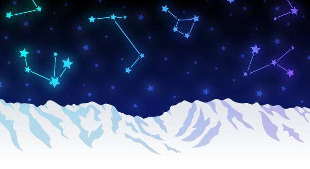 Northern Lights Stars Constellations Mountain Background Northern lights mountains and stars glowing cold ice winter Alaska Canada abstract background. alaska northern lights stock illustrations