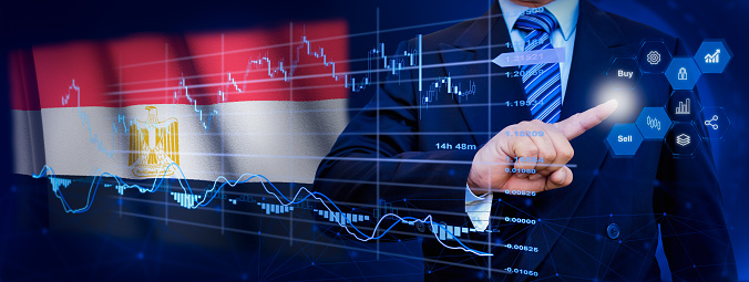 Businessman touching data analytics process system with KPI financial charts, dashboard of stock and marketing on virtual interface. With Egypt flag in background.