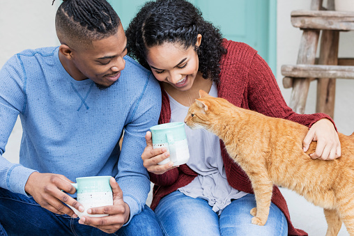 A young African-American couple hanging out together, drinking coffee on the front steps of their home, relaxing and petting a cat.