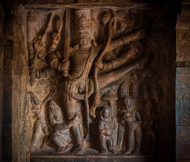 Sculpture Of Goddess Carved On Wall Of Cave Temple in Badami, Karnataka, India