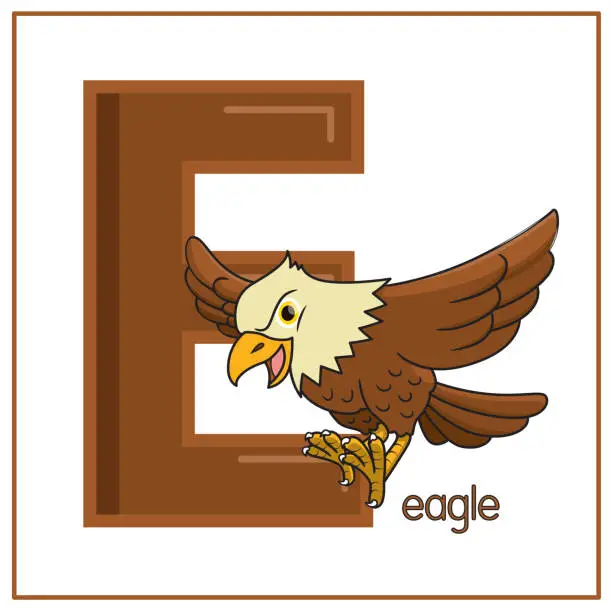 Vector illustration of Vector illustration of Eagle isolated on a white background. With the capital letter E for use as a teaching and learning media for children to recognize English letters Or for children to learn to write letters Used to learn at home and school.