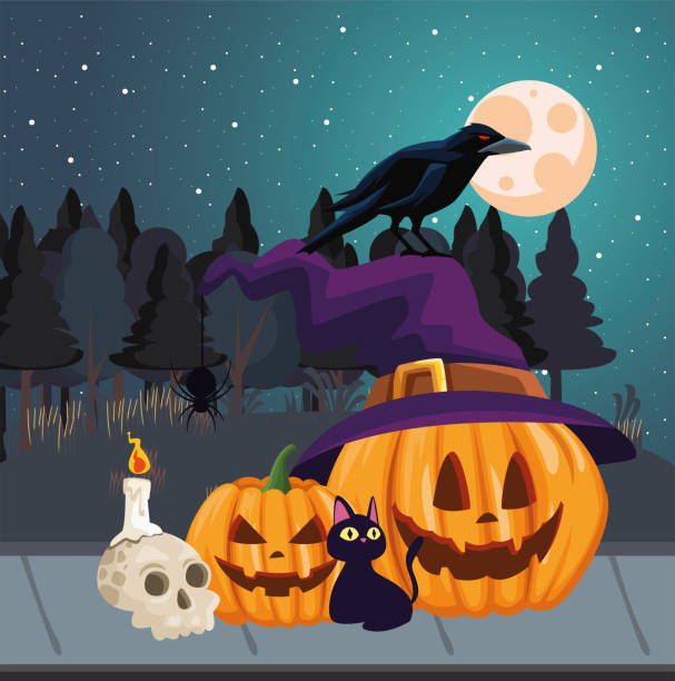 istock Halloween pumpkins cat and raven cartoons at night vector design 1269606435