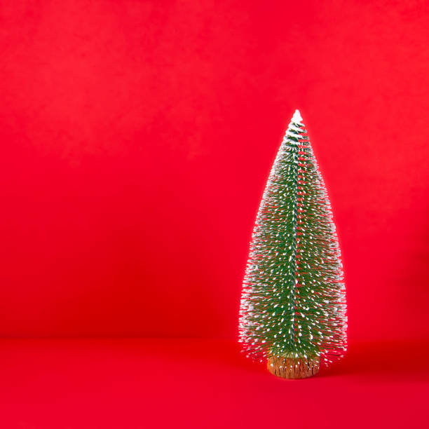 istock Small Christmas tree on red background and copy space for text 1269608817