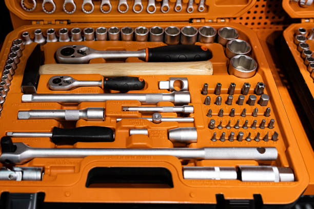 istock Box with special tools in car repair shop, closeup, selective focus 1269620345