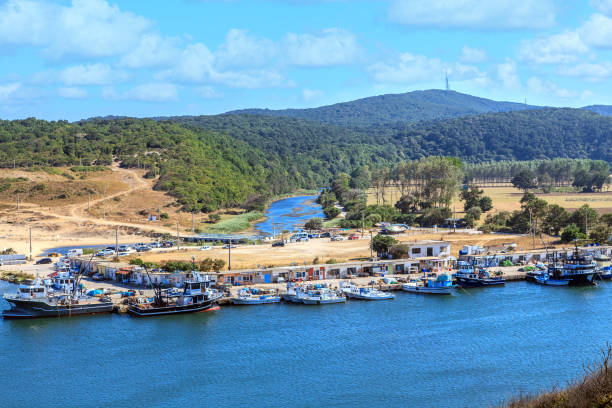 Olbia, Sardinia / Italy - 2019/07/21: Panoramic view of Olbia port and yacht marina area with piers and Tyrrhenian sea shore in historic old town quarter
