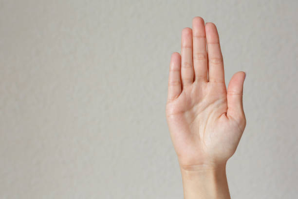 istock Gesture and sign, hand showing stop on a light background 1269622670