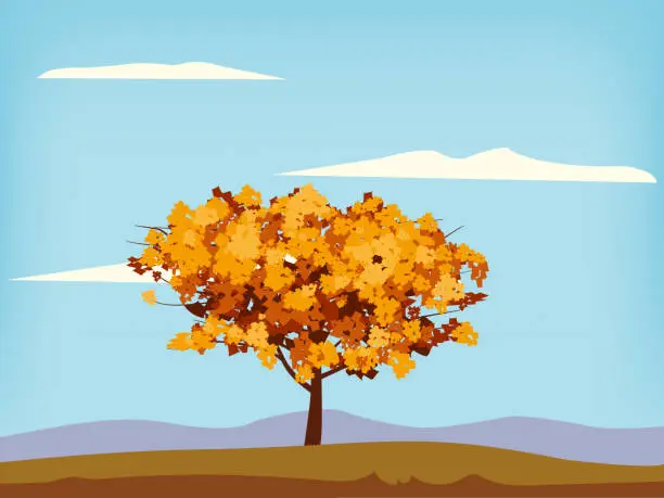 Vector illustration of Autumn landscape scenery tree orange yellow foliage, lake, park, nature horizon. Vector illustration isolated