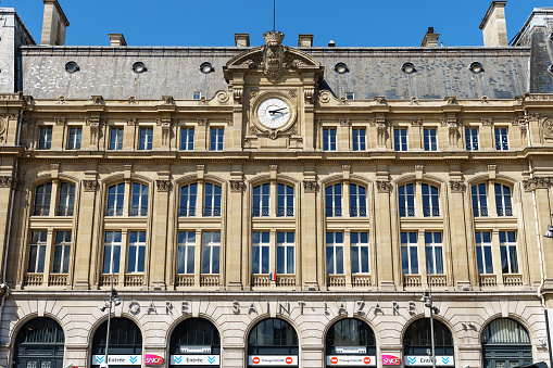 Paris, France - August 16 2020: Gare St-Lazare facade in Paris. Paris St-Lazare is one of the six large train stations of Paris.