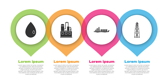 Set Oil drop, Oil industrial factory building, Oil tanker ship and Oil rig with fire. Business infographic template. Vector