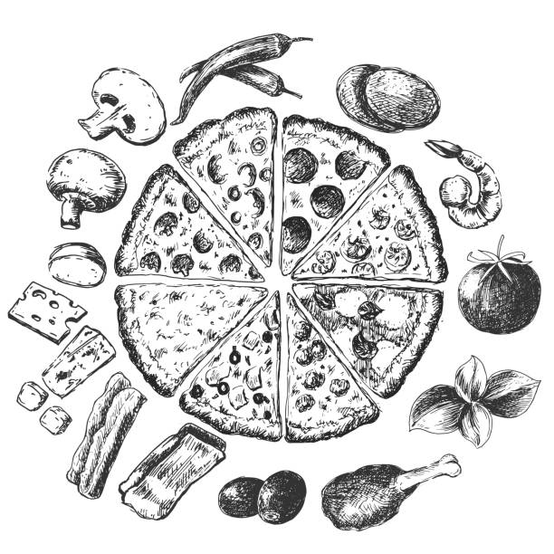 ручная нарисованная пицца эскиз, старинные пера и чернила пищевой иллюстрации изолированы на белом фоне. векторное офортирование. - 4615 stock illustrations