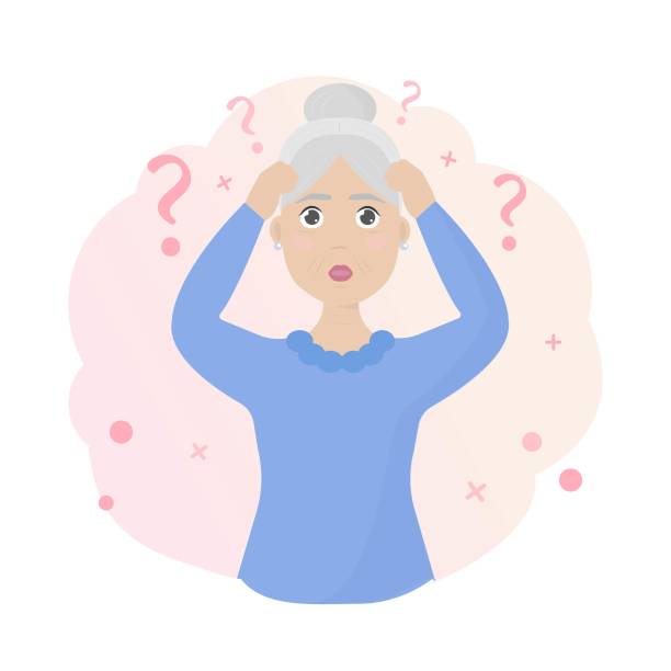 Brain disease concept. Vector illustration: old woman with Alzheimer's disease. Brain disease concept. sad old woman stock illustrations