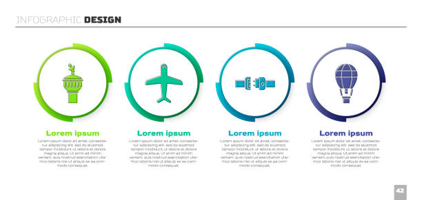 ilustrações, clipart, desenhos animados e ícones de definir radar, plano, cinto de segurança e balão de ar quente. modelo infográfico de negócios. vetor - air vehicle business airplane multi colored