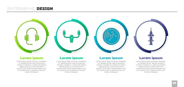 Vector illustration of Set Headphones with microphone, Aircraft steering helm, Radar with targets on monitor and Rocket. Business infographic template. Vector