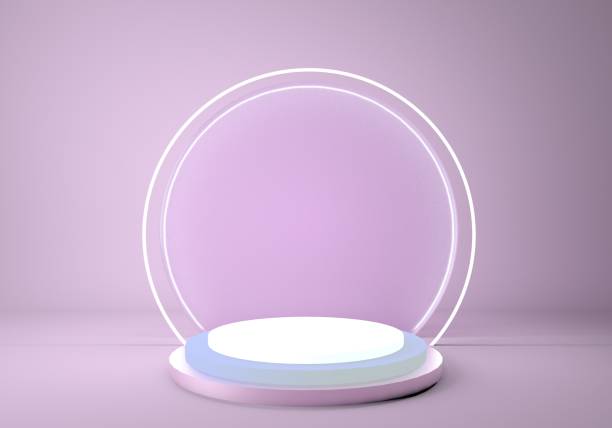 istock 3d pedestal, cylinder platform, shiny metallic podium with round neon frame. Blank product showcase stand. Performance stage. 1269630189