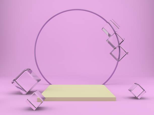 istock 3d rendering studio with geometric shapes, podium on the floor. Platforms for product presentation, mock up background. 1269630191