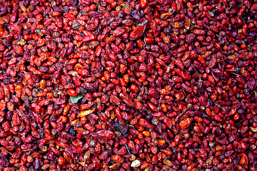 Small hot red chilli peppers at the market for sale, Antigua Guatemala
