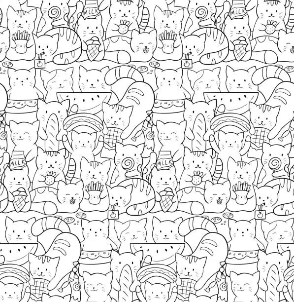 Vector illustration of Vector seamless pattern with cute kawaii cats.