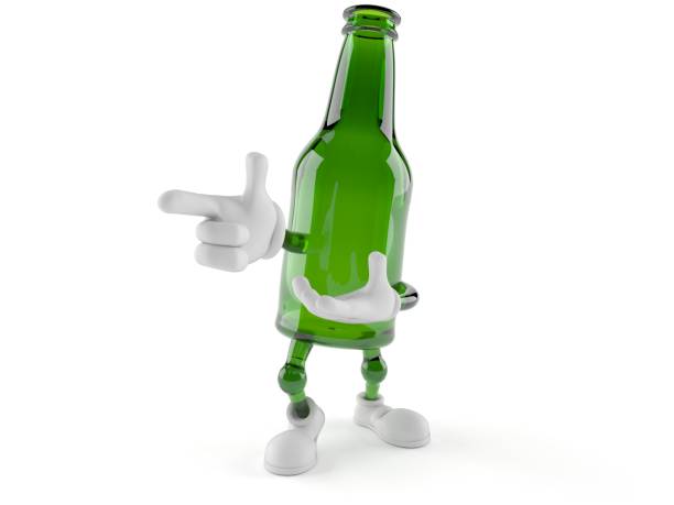 Green glass bottle character pointing finger isolated on white background. 3d illustration