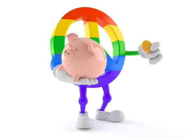 istock Peace symbol character holding piggy bank 1269636718