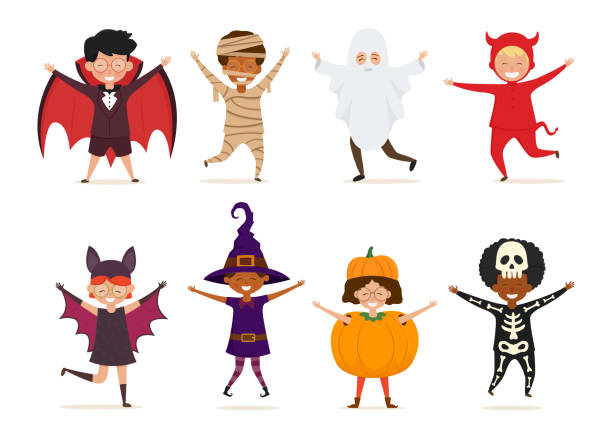 Set of kids in Halloween costume. Vector cartoon characters isolated on white background. Set of kids in Halloween costume. Happy children wearing in witch, pumpkin, dracula, devil, skeleton, mummy, ghost, bat costume. Vector cartoon characters isolated on white background. vampire illustrations stock illustrations