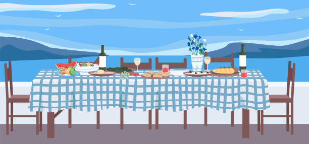 Greek dinner flat color vector illustration Greek dinner flat color vector illustration. Table with national cuisine. Traditional culinary in Greece for recreation and getaway. Festive furniture 2D cartoon object with seascape on background banquet chairs stock illustrations
