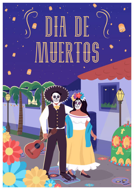 디아 드 뮤에르토스 포스터 플랫 벡터 템플릿 - mexico mexican culture carnival paper stock illustrations