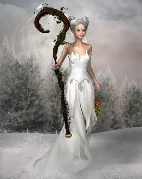 Fantasy bride fairy dressed in white in a winter landscape – 3D render