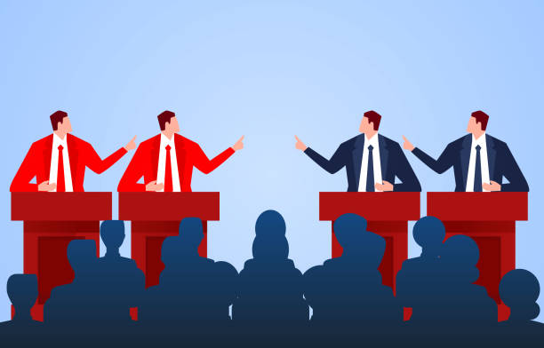 ilustrações de stock, clip art, desenhos animados e ícones de red team and blue team debate games, meetings and debates - presidential candidate audio