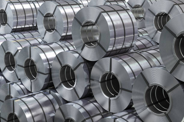 Rolls of metal sheet. Zync, aluminium or steel sheet rolls on warehouse in factory. Rolls of metal sheet. Zync, aluminium or steel sheet rolls on warehouse in factory. 3d illustration five cent coin stock pictures, royalty-free photos & images