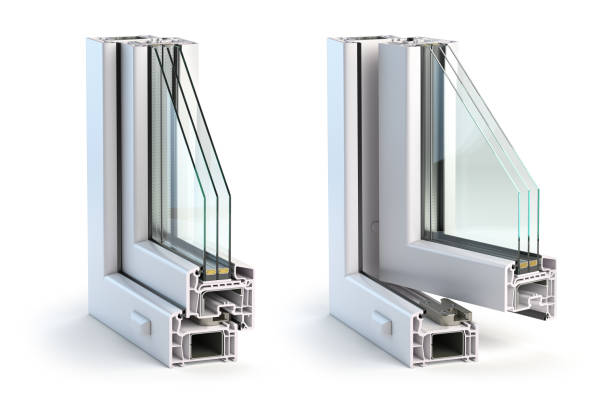 istock Cross section of plastic windows profile PVC iisolated on white background. Open and closed window, сross section. 1269648327
