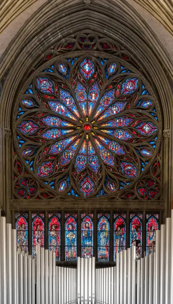 Photo of Nidaros Cathedral, Trondheim, Trondelag, Norway. Built 1070-1300 AD in romanesque and gothic styles over the burial site of St. Olav. Consecration site for Norwegian kings