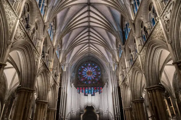 Photo of Nidaros Cathedral, Trondheim, Trondelag, Norway. Built 1070-1300 AD in romanesque and gothic styles over the burial site of St. Olav. Consecration site for Norwegian kings