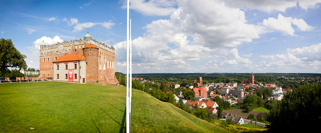Golub-Dobrzyń, Poland - August 24,2020: Panoramic view of the Teutonic Knights castle and the city of Golub - Dobrzyń.The castlewas  built on the turning point of the thirteenth and fourteenth century