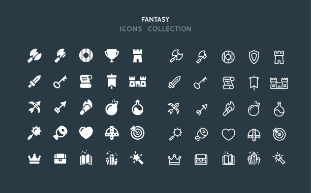 Flat & Line Fantasy RPG Icons Set of fantasy RPG vector icons. Flat design & line editable stroke. mace spice stock illustrations