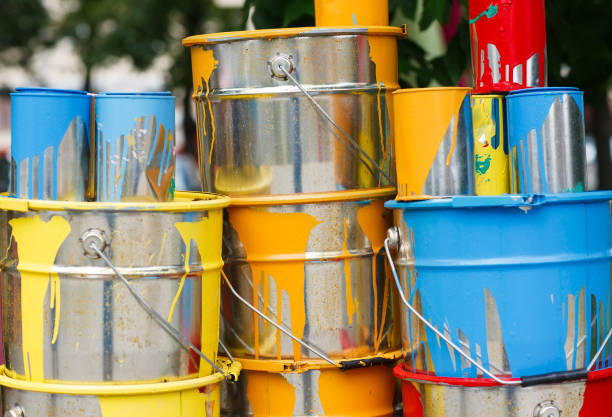 istock The used paint cans. Colorful paint buckets. 1269662676