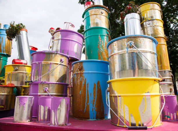 istock The used paint cans. Colorful paint buckets. 1269663240